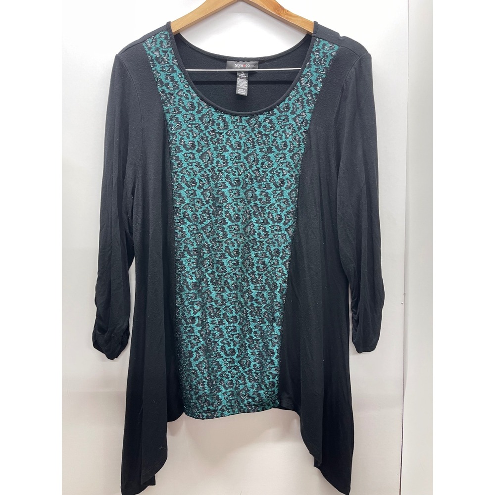 Style & Co Womens XL Black Teal Lace Leopard Sharkbite Hem Top 3/4 Sleeve